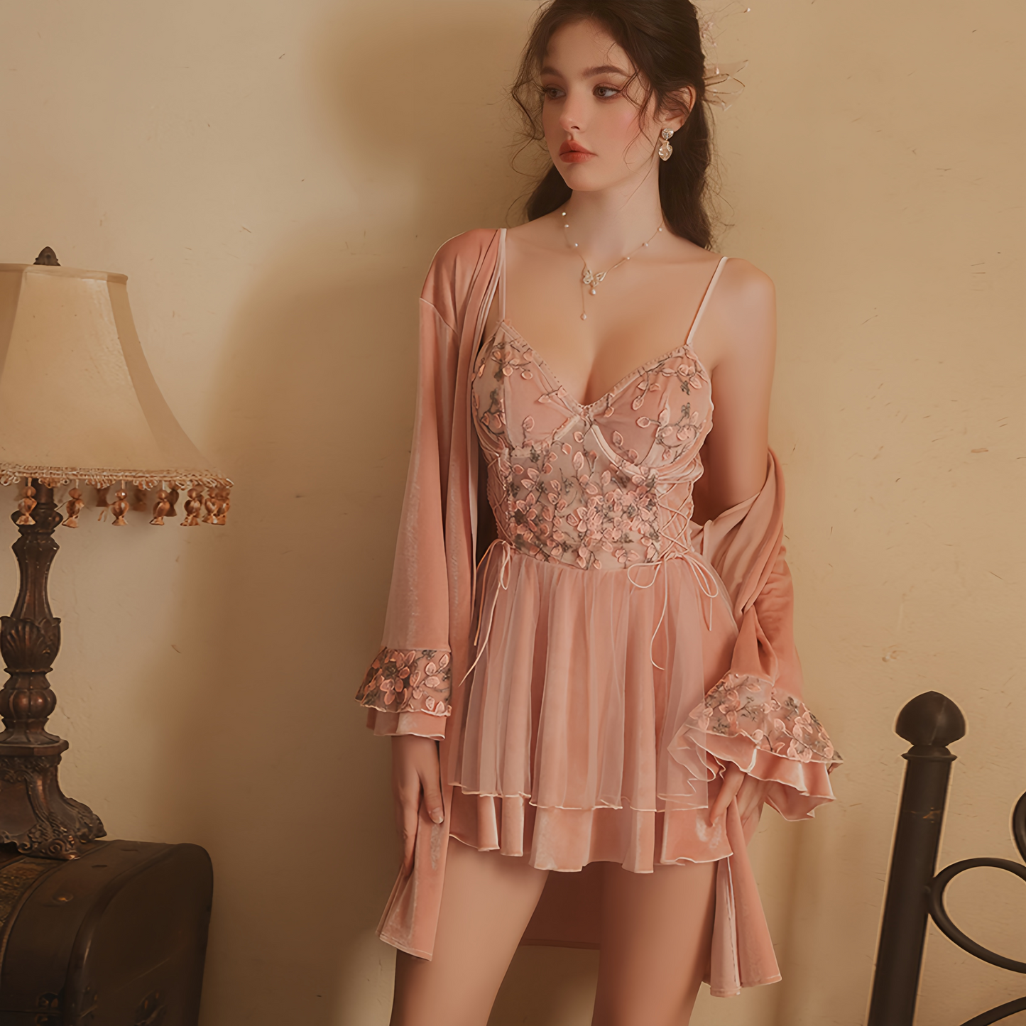 Avelisse Blush Velvet Floral Lace Babydoll Set with Robe