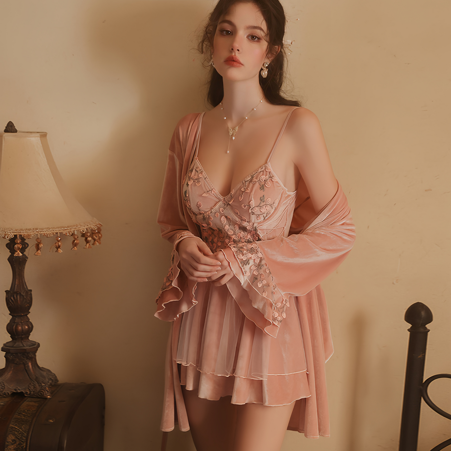 Avelisse Blush Velvet Floral Lace Babydoll Set with Robe