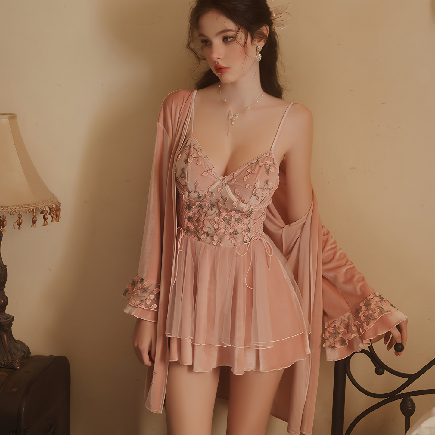 Avelisse Blush Velvet Floral Lace Babydoll Set with Robe