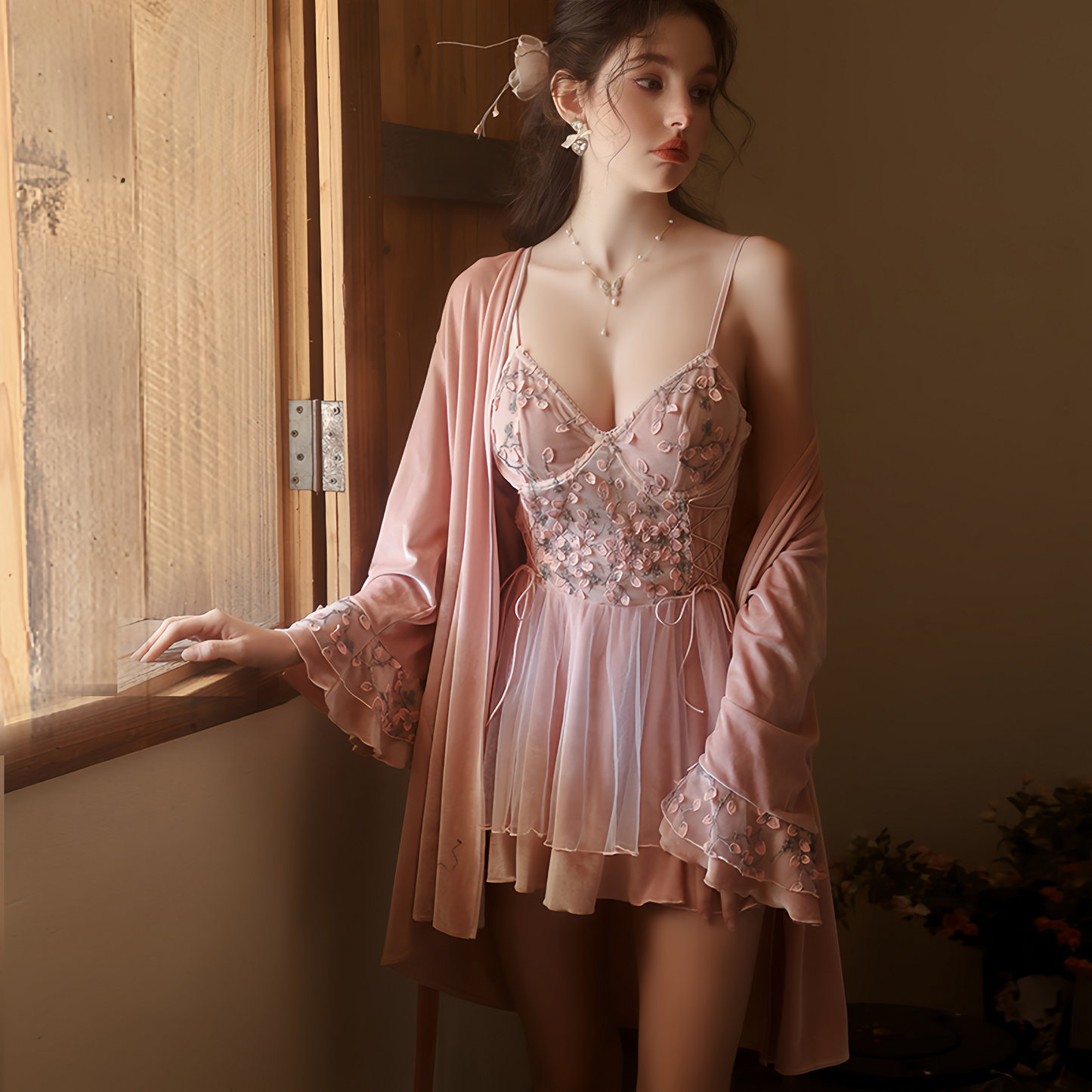 Avelisse Blush Velvet Floral Lace Babydoll Set with Robe