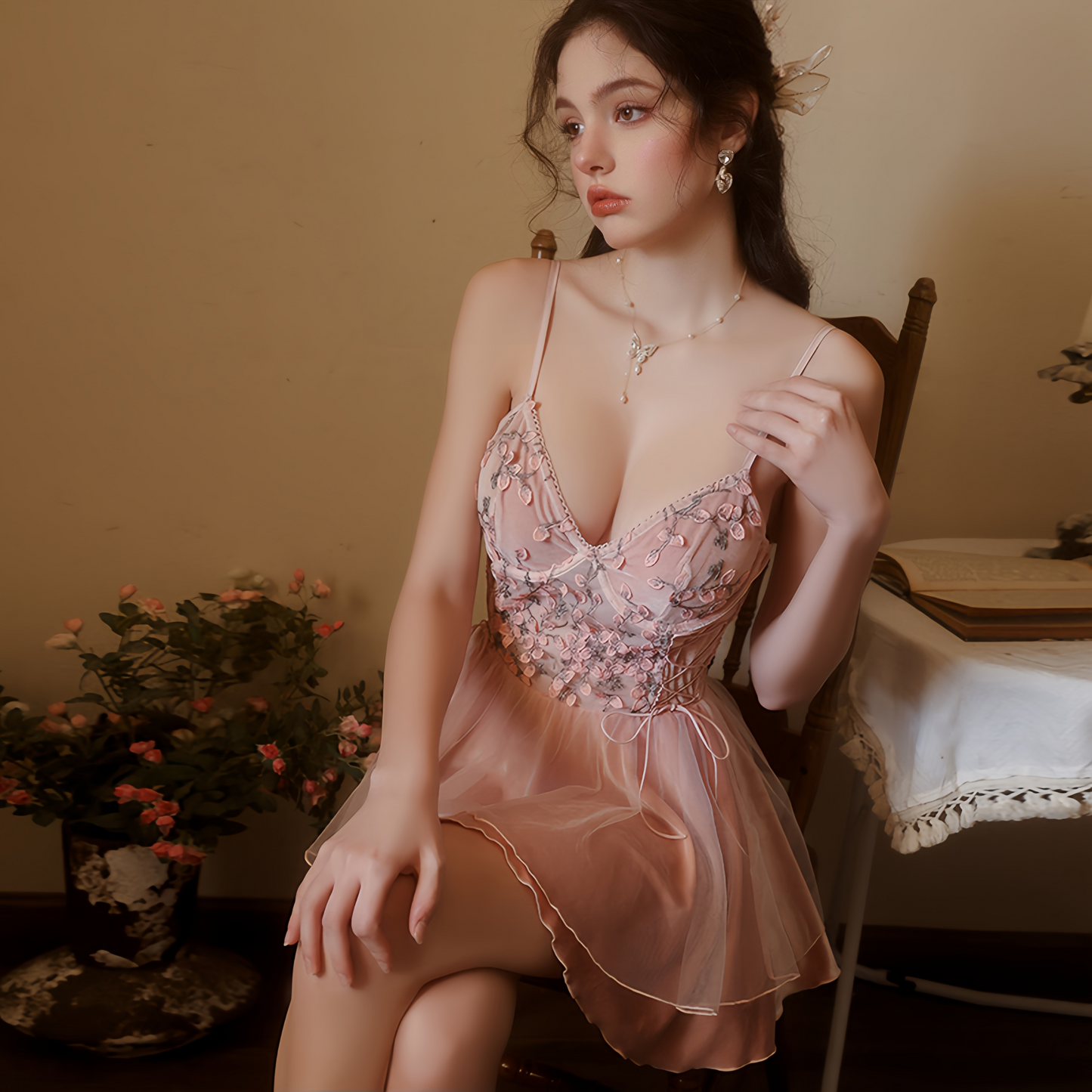Avelisse Blush Velvet Floral Lace Babydoll Set with Robe