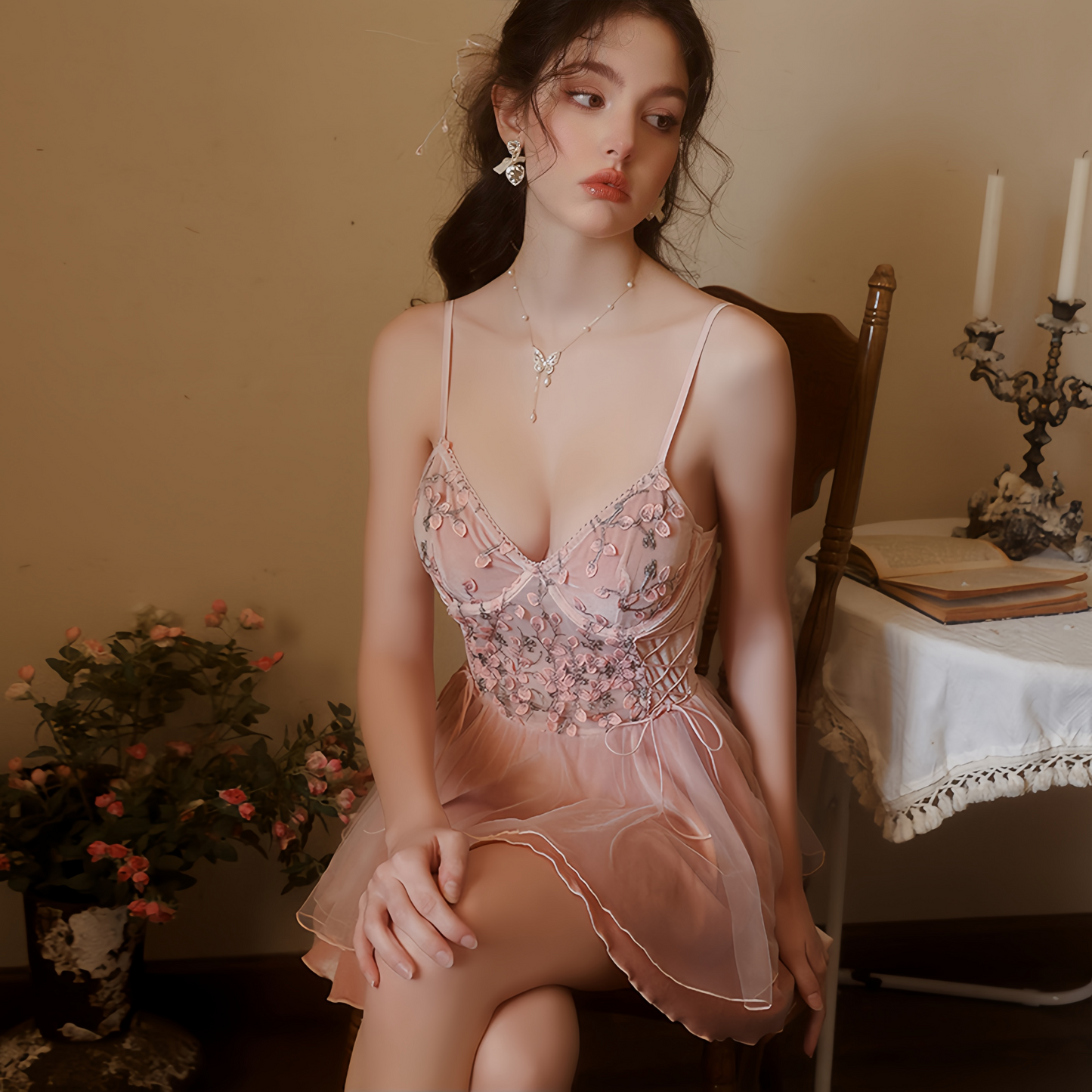 Avelisse Blush Velvet Floral Lace Babydoll Set with Robe