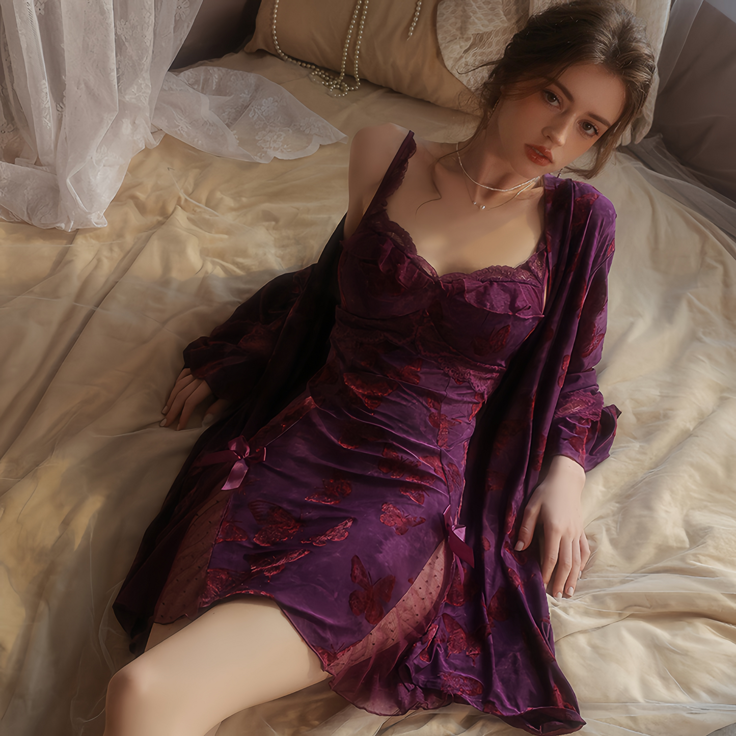 Avelisse Midnight Butterfly Lace Satin Babydoll