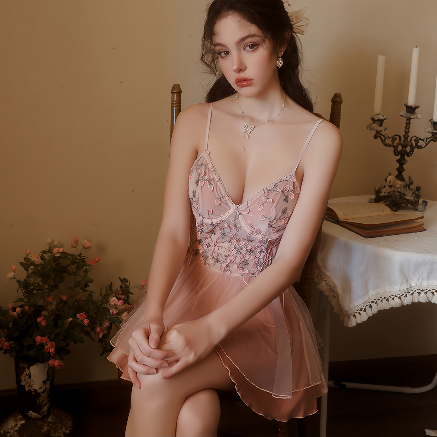 Avelisse Blush Velvet Floral Lace Babydoll Set with Robe