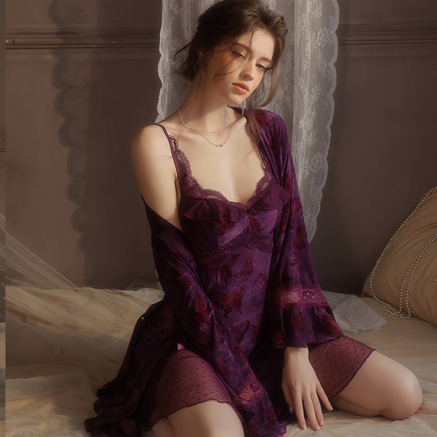 Avelisse Midnight Butterfly Lace Satin Babydoll