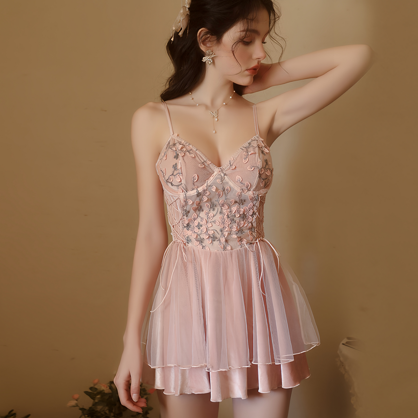 Avelisse Blush Velvet Floral Lace Babydoll Set with Robe