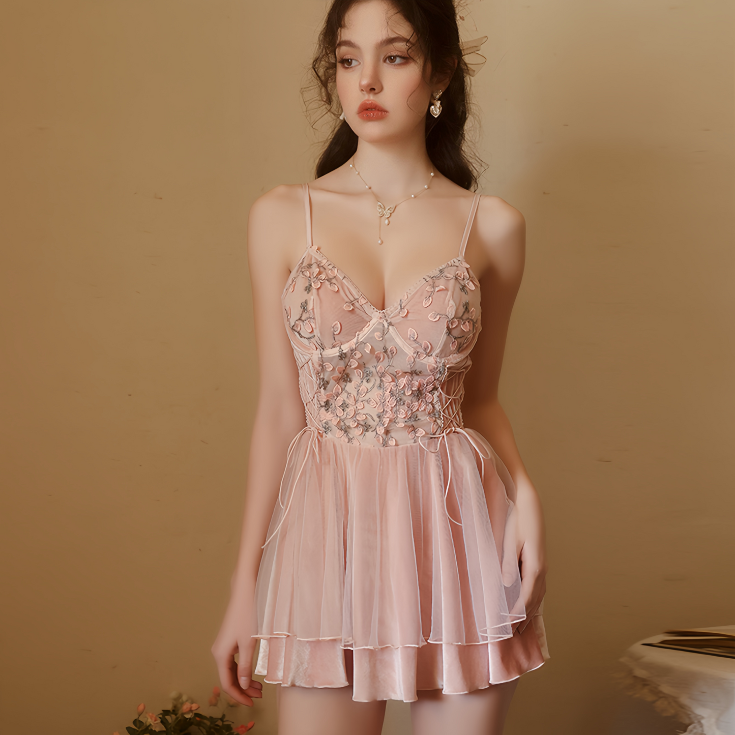 Avelisse Blush Velvet Floral Lace Babydoll Set with Robe