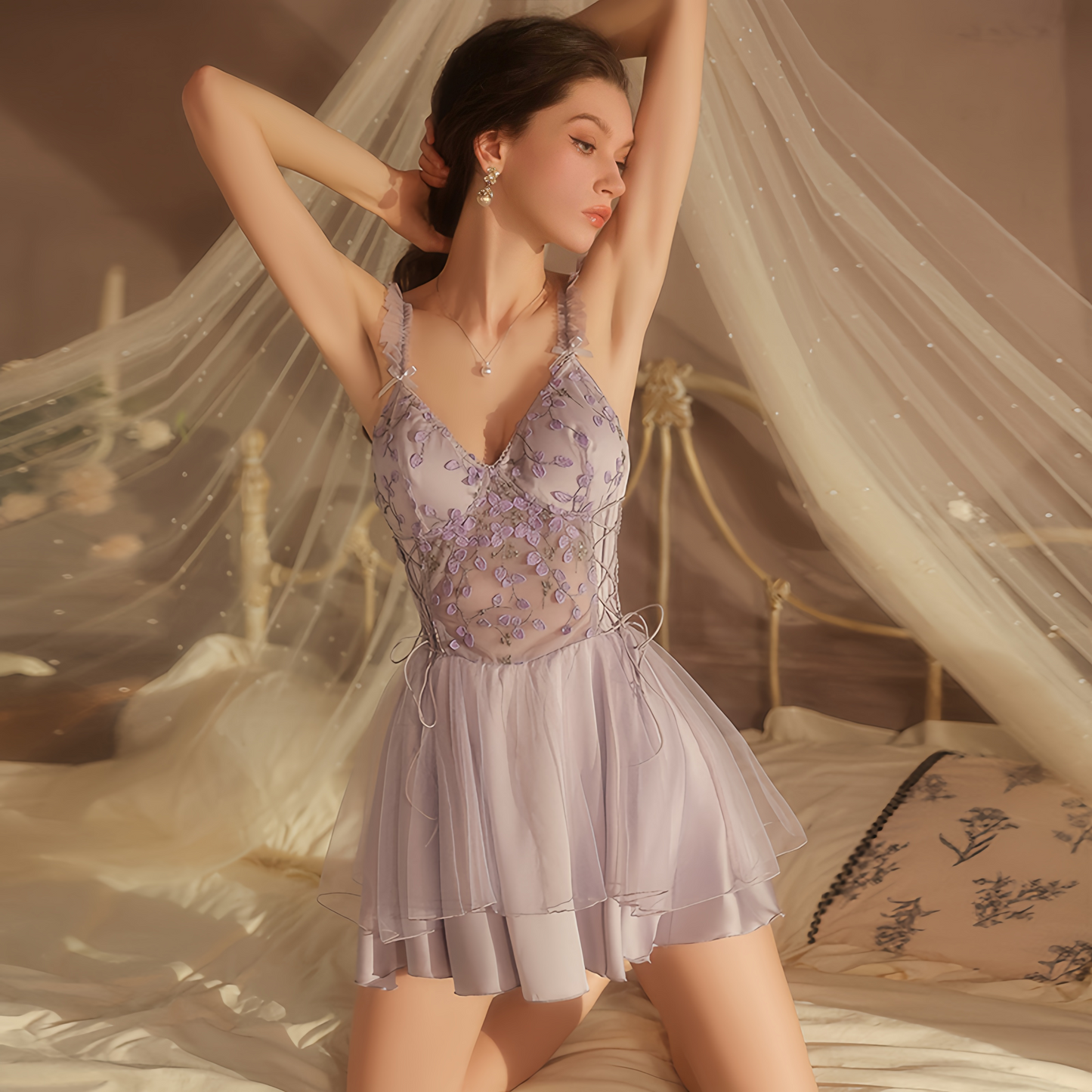 Avelisse Lilac Silken Blossom Lace Corset Babydoll Slip
