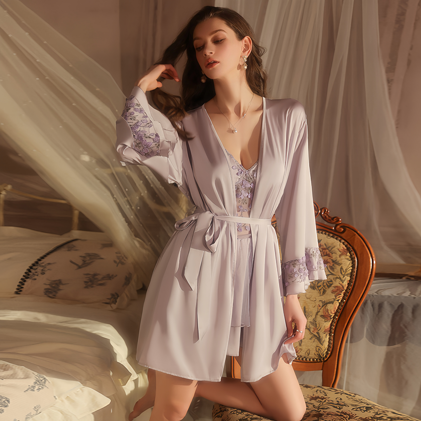 Avelisse Lilac Silken Blossom Lace Corset Babydoll Slip