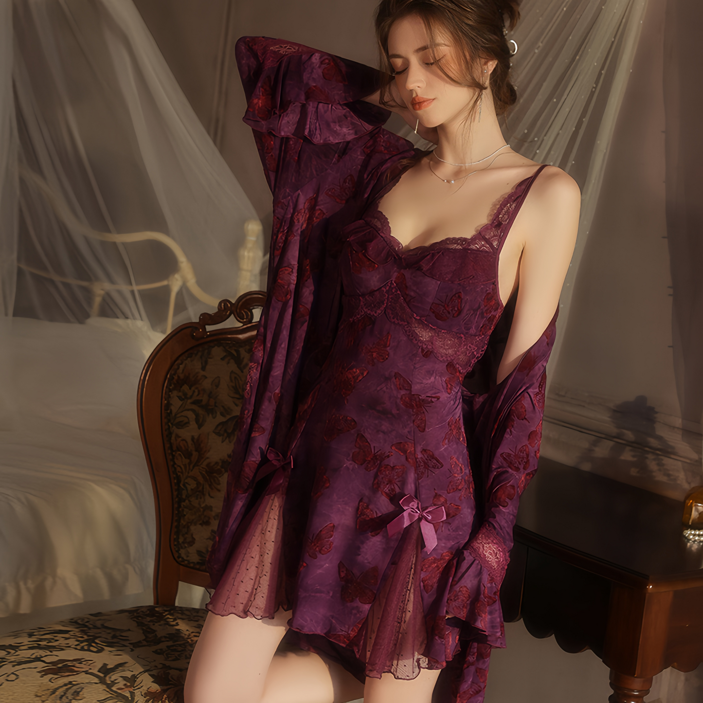 Avelisse Midnight Butterfly Lace Satin Babydoll