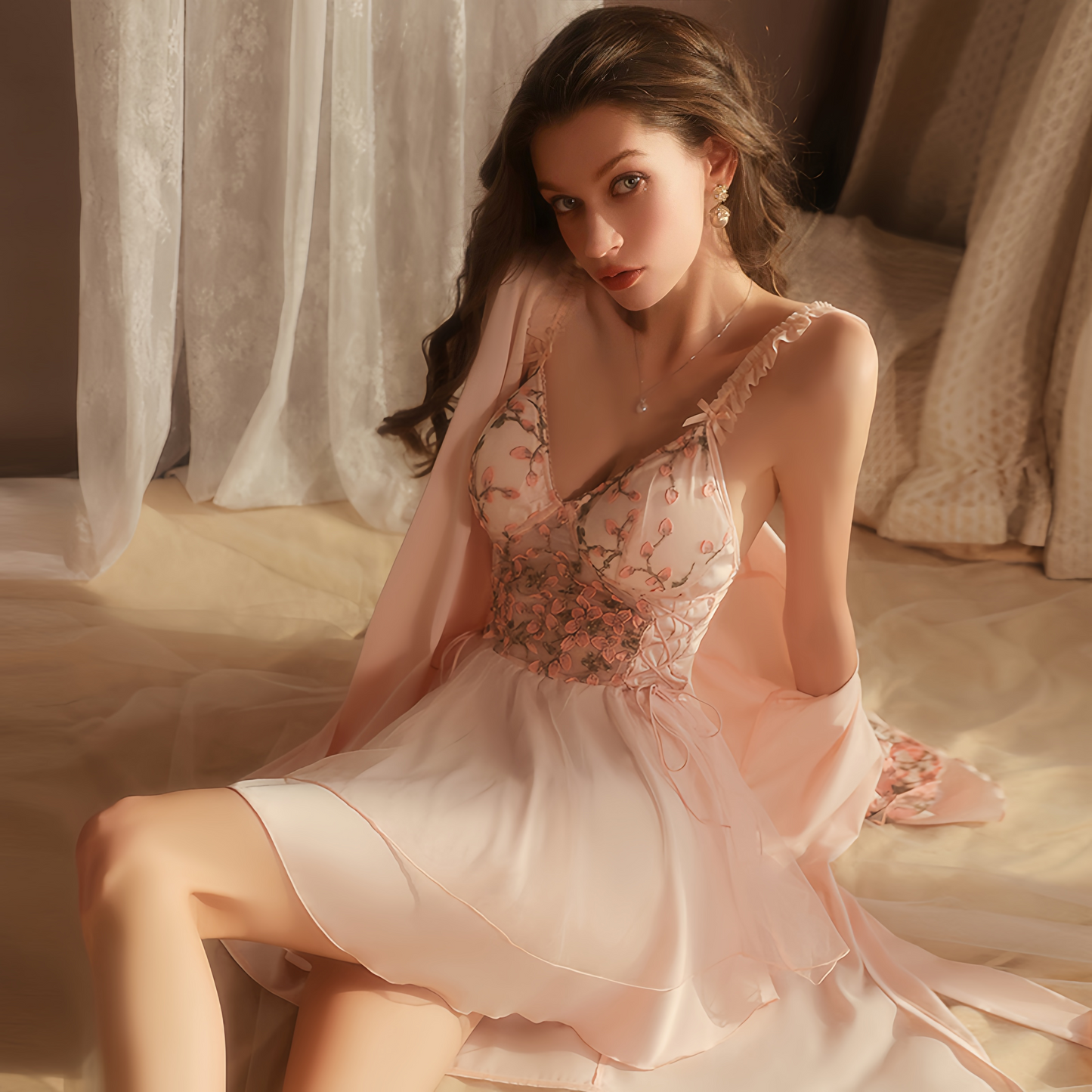 Avelisse Blush Pink Silken Blossom Lace Corset Babydoll Slip