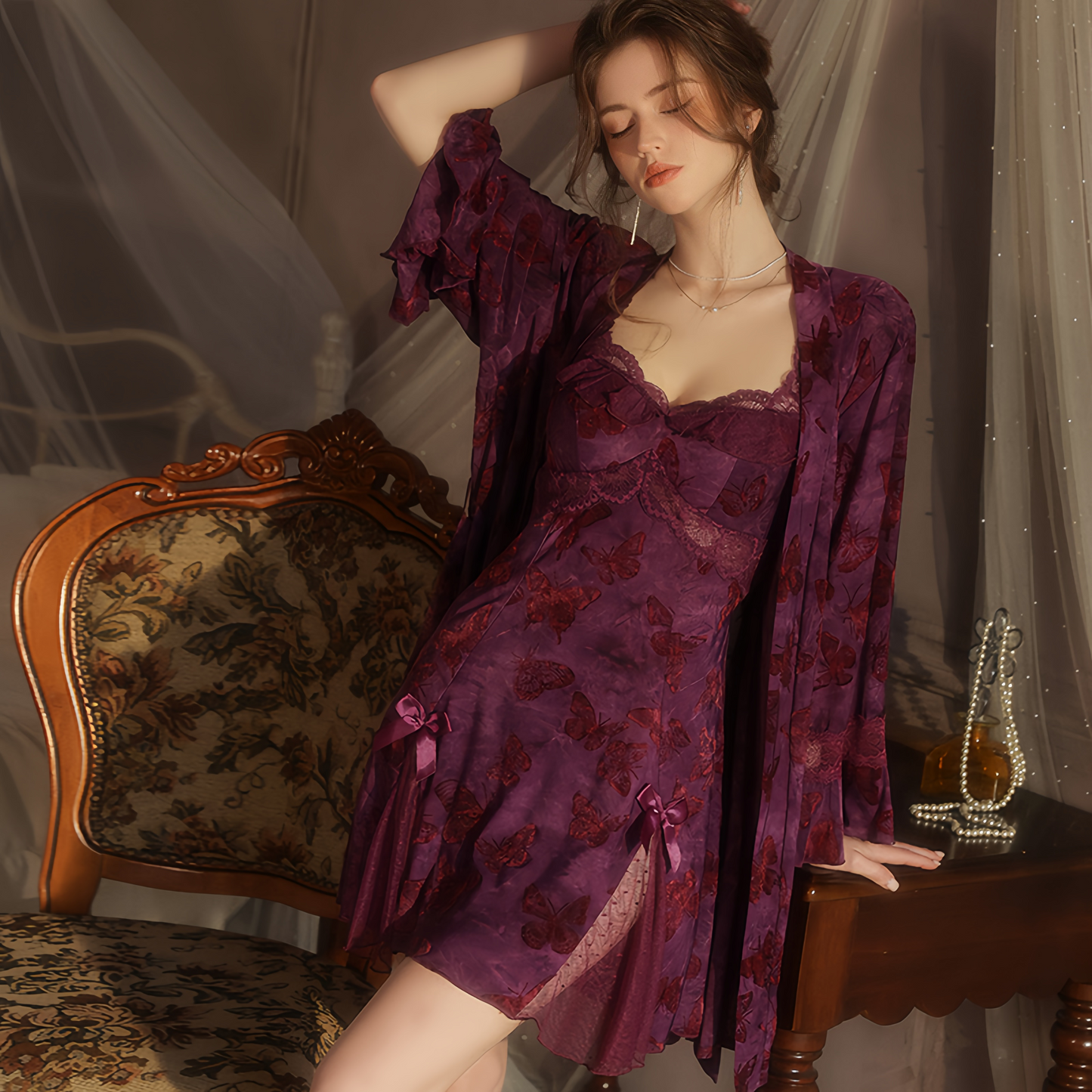 Avelisse Midnight Butterfly Lace Satin Babydoll
