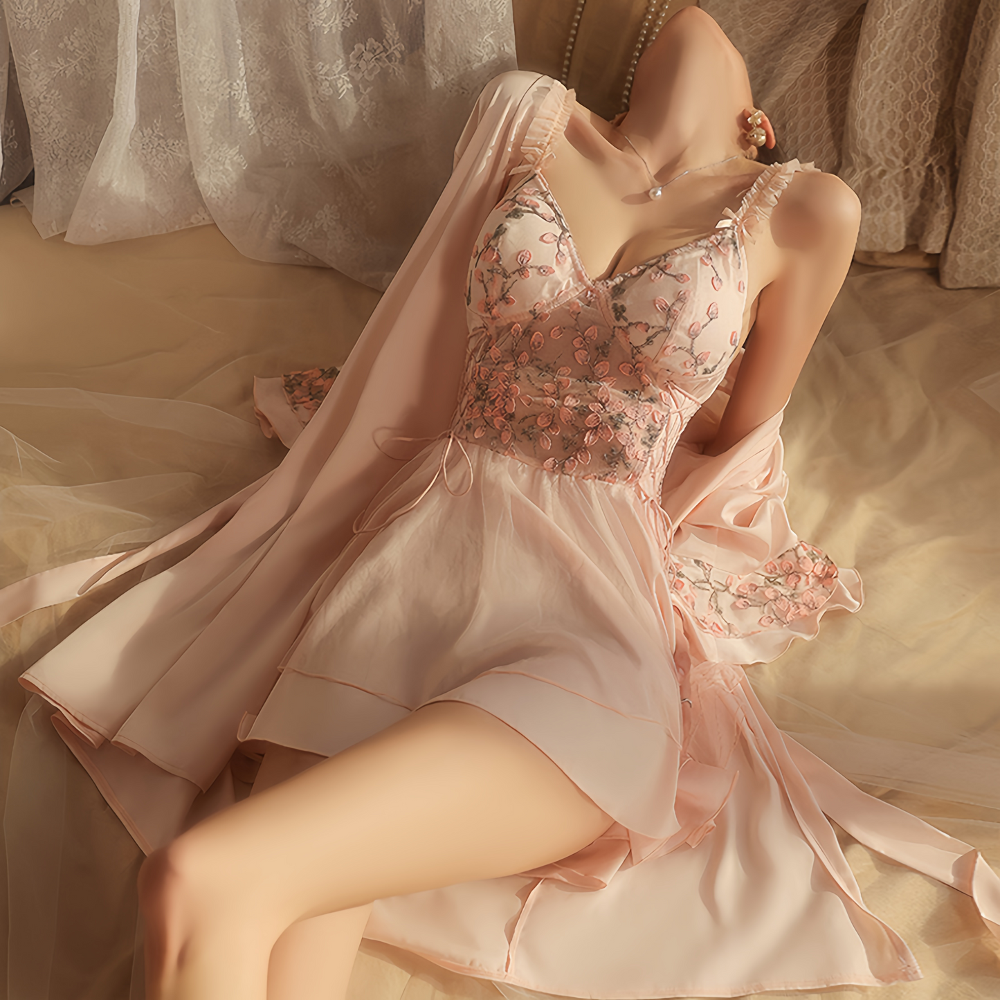Avelisse Blush Pink Silken Blossom Lace Corset Babydoll Slip