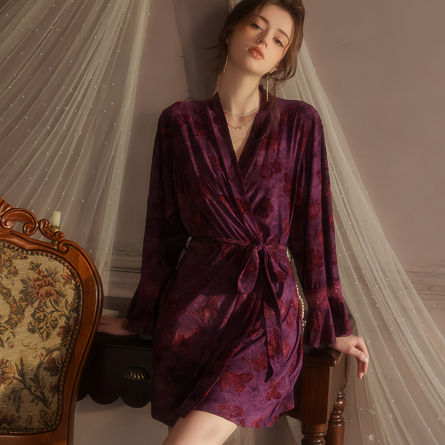 Avelisse Midnight Butterfly Lace Satin Babydoll