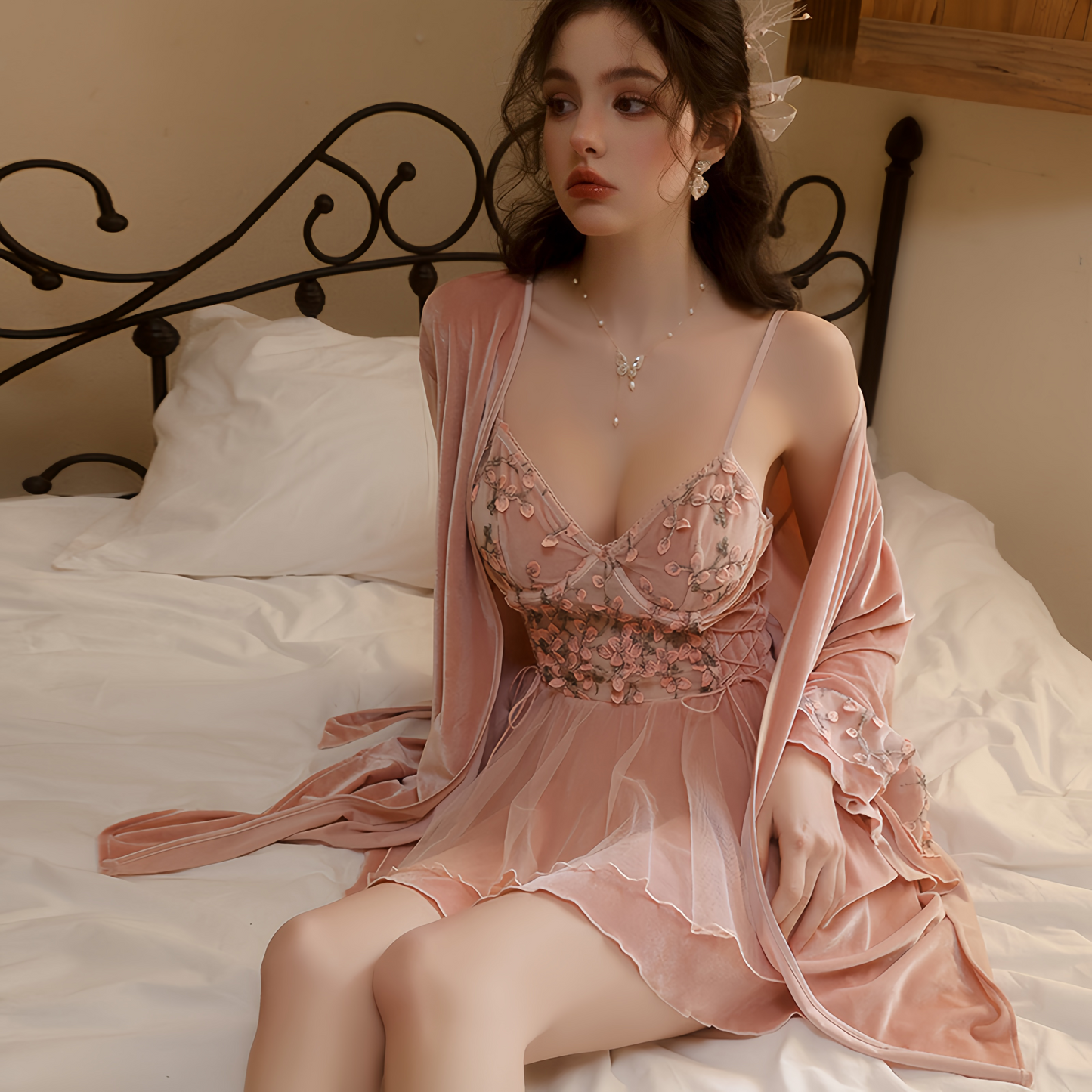 Avelisse Blush Velvet Floral Lace Babydoll Set with Robe