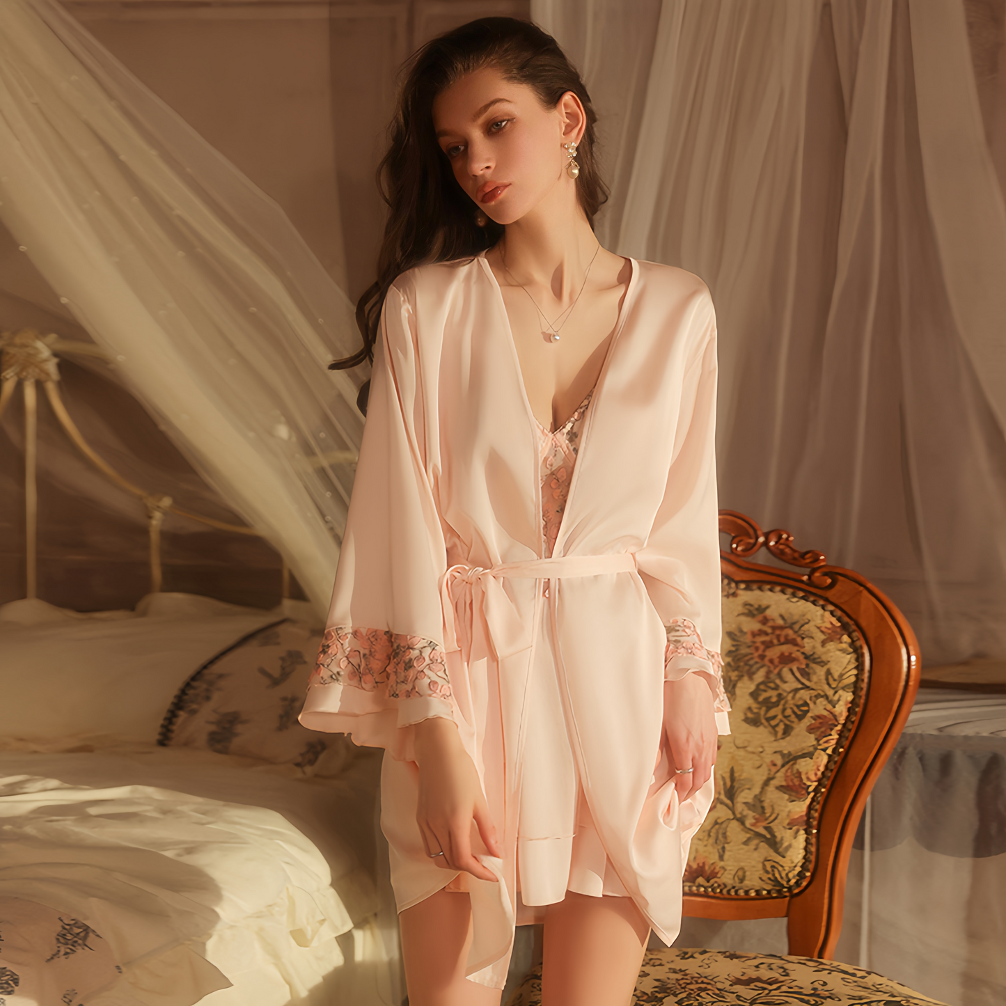 Avelisse Blush Pink Silken Blossom Lace Corset Babydoll Slip