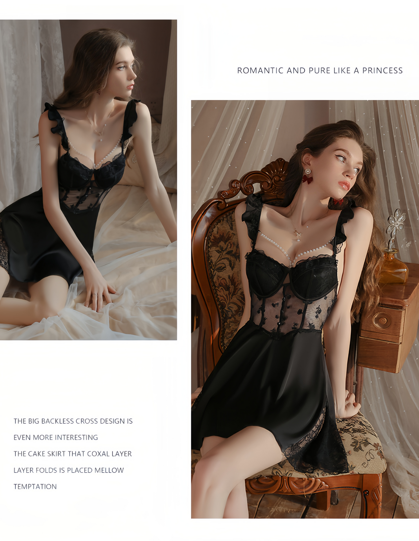 【Midnight Black】Avelisse Blush Lace Corset Babydoll Lingerie – Floral Mesh Slip Dress