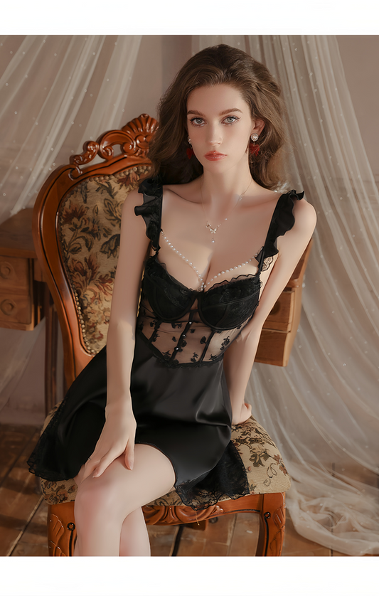 【Midnight Black】Avelisse Blush Lace Corset Babydoll Lingerie – Floral Mesh Slip Dress