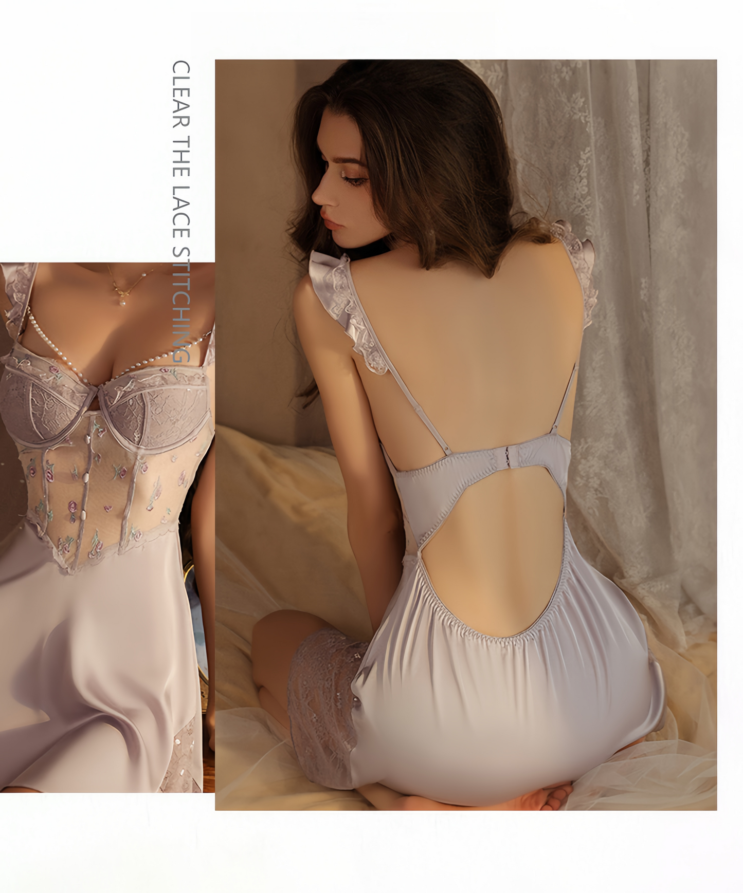 【Lilac】Avelisse Blush Lace Corset Babydoll Lingerie – Floral Mesh Slip Dress