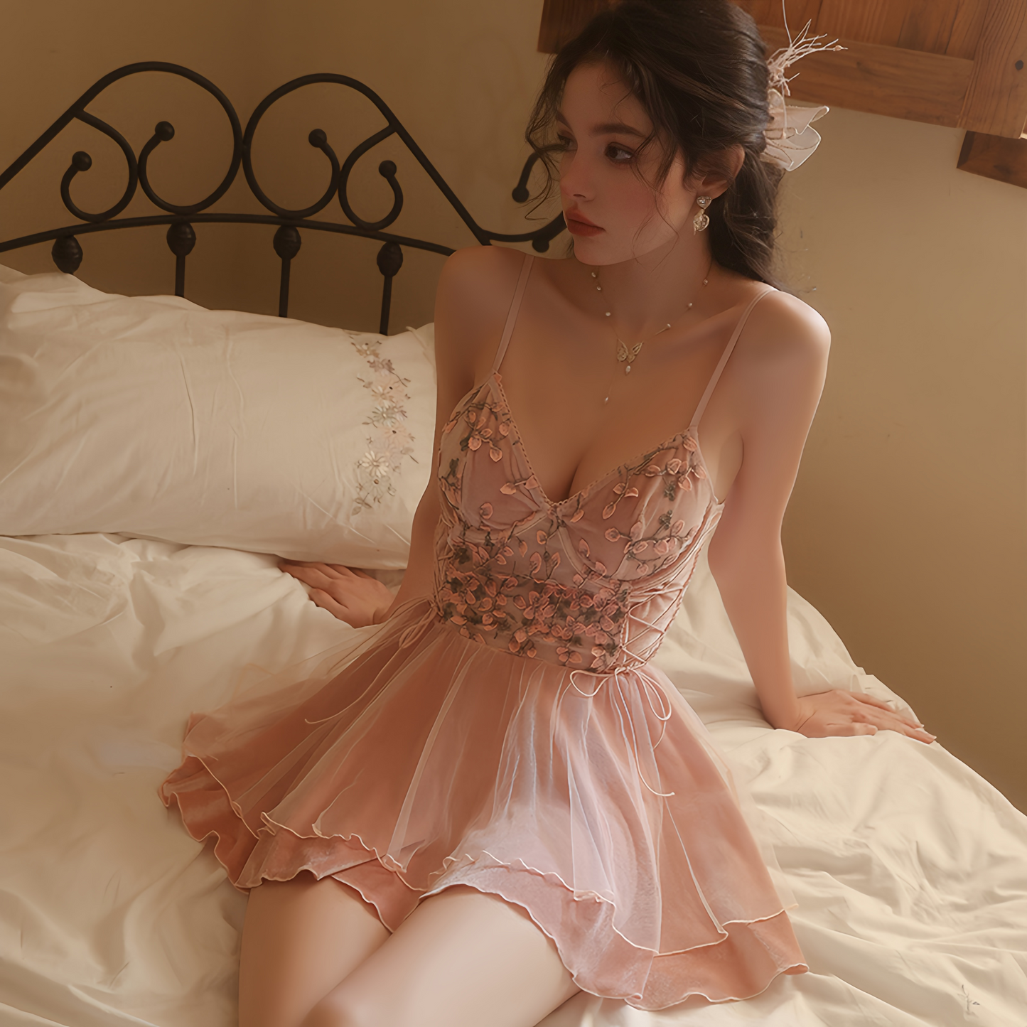 Avelisse Blush Velvet Floral Lace Babydoll Set with Robe