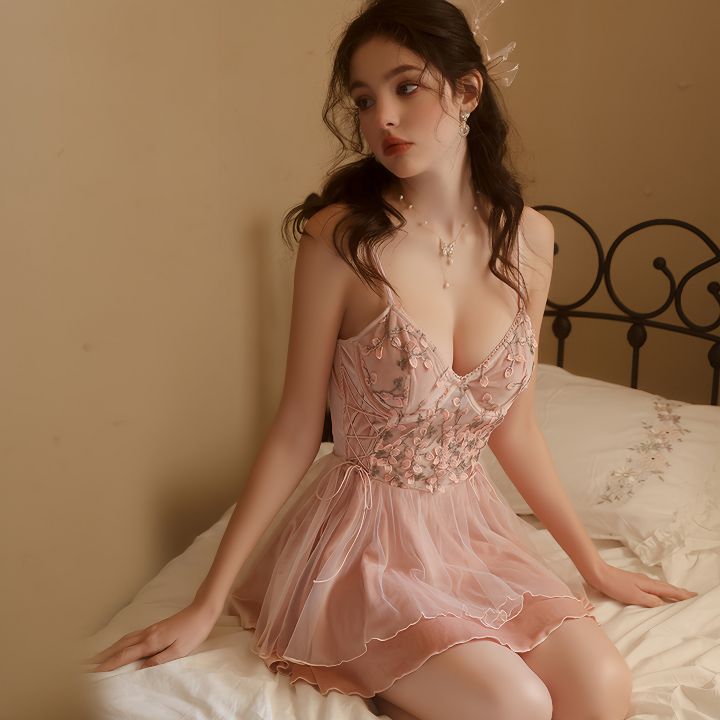 Avelisse Blush Velvet Floral Lace Babydoll Set with Robe