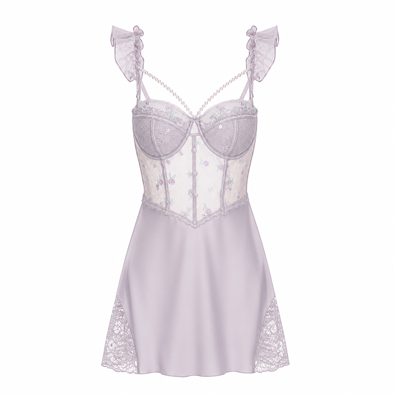 【Lilac】Avelisse Blush Lace Corset Babydoll Lingerie – Floral Mesh Slip Dress