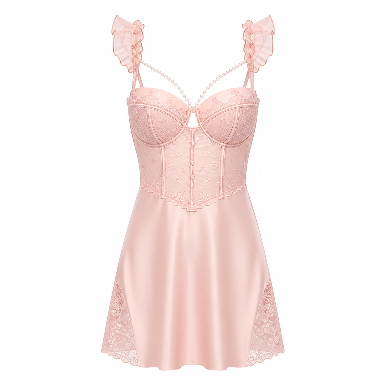 【Peach Pink】Avelisse Blush Lace Corset Babydoll Lingerie – Floral Mesh Slip Dress