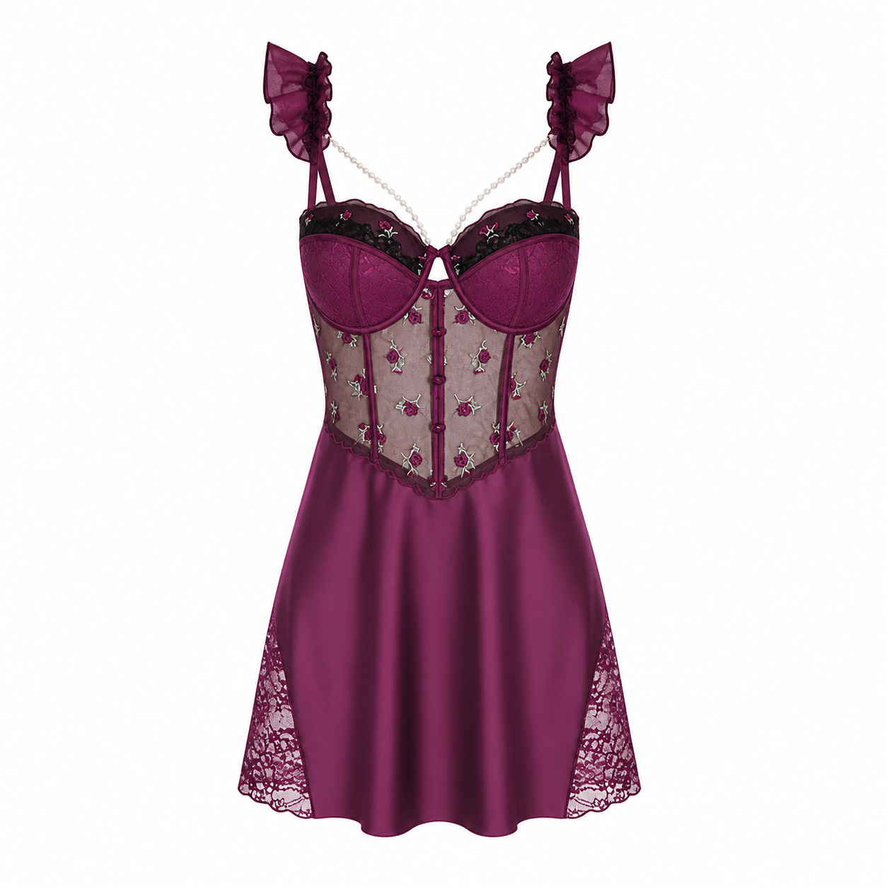 【Plum】Avelisse Blush Lace Corset Babydoll Lingerie – Floral Mesh Slip Dress