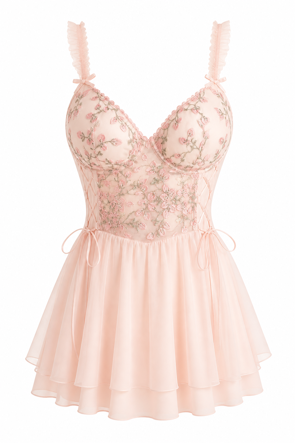 Avelisse Blush Pink Silken Blossom Lace Corset Babydoll Slip