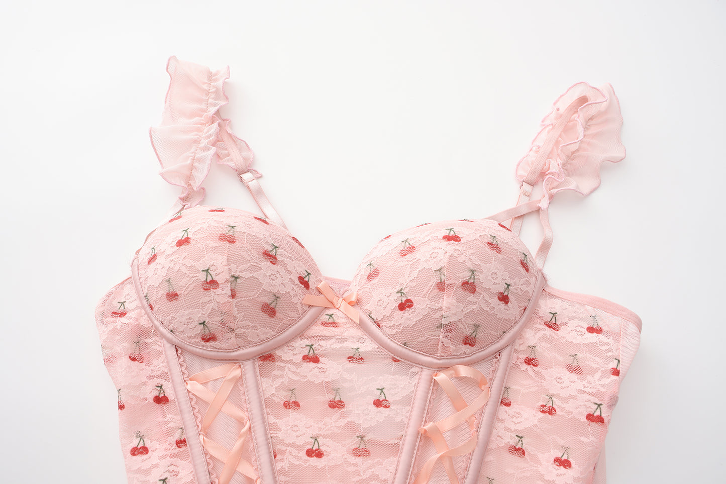 【pink】Avelisse Cherry Lace Corset Babydoll