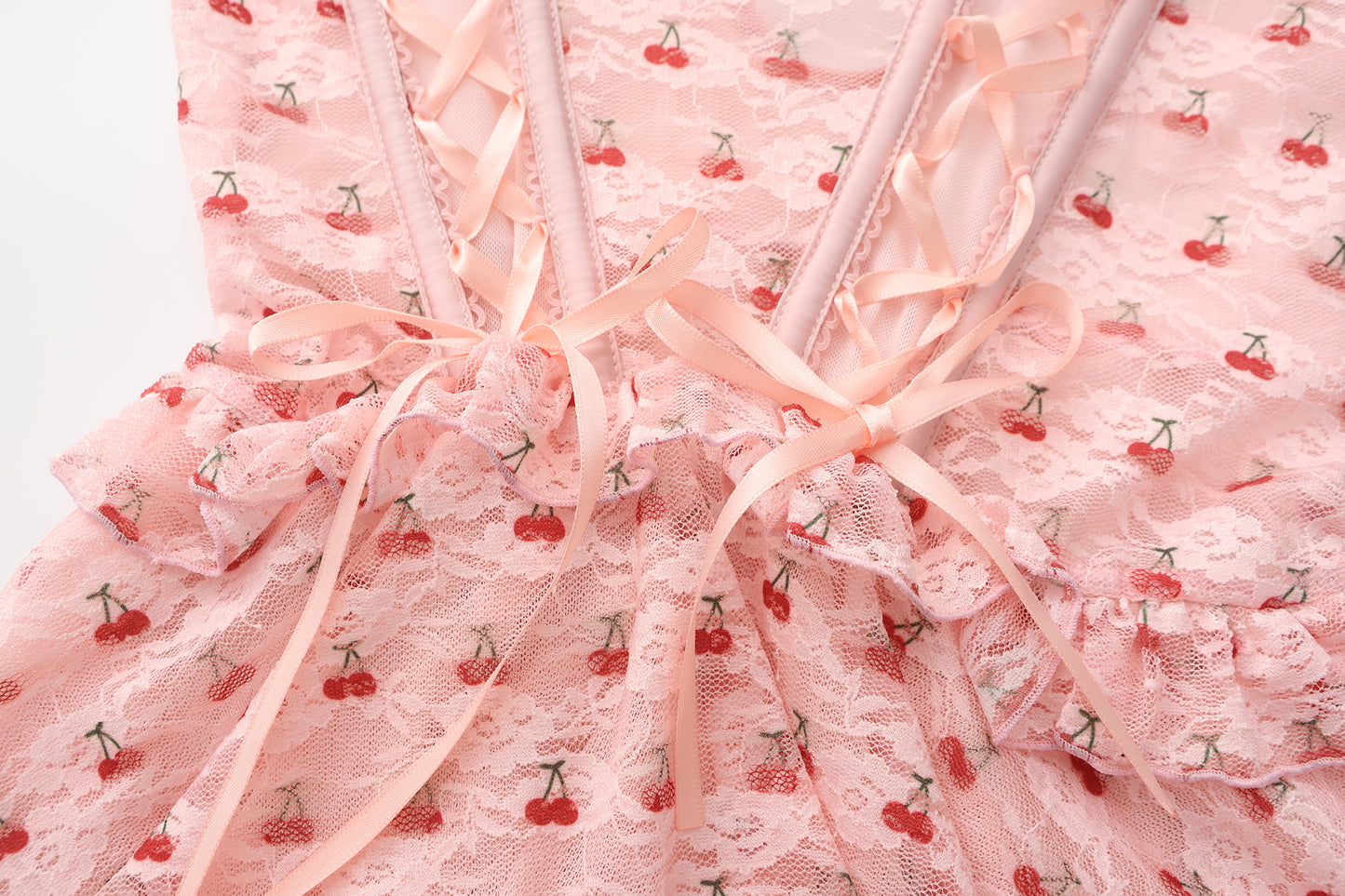 【pink】Avelisse Cherry Lace Corset Babydoll