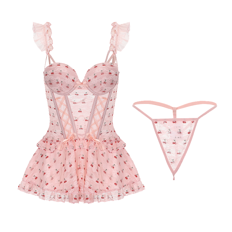 【pink】Avelisse Cherry Lace Corset Babydoll